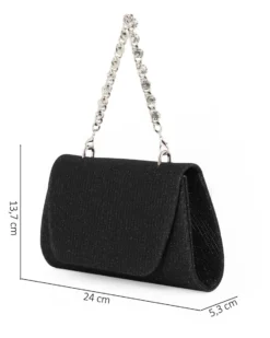 DIVAS - Pochette nera in lurex con patta e manico gioiello, tracolla removibile