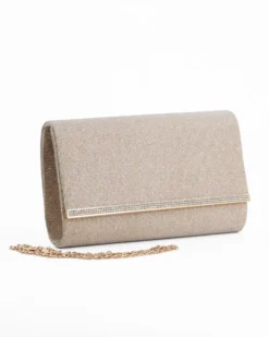 DIVAS - Pochette oro glitterata con filo di strass sulla patta, tracolla removibile