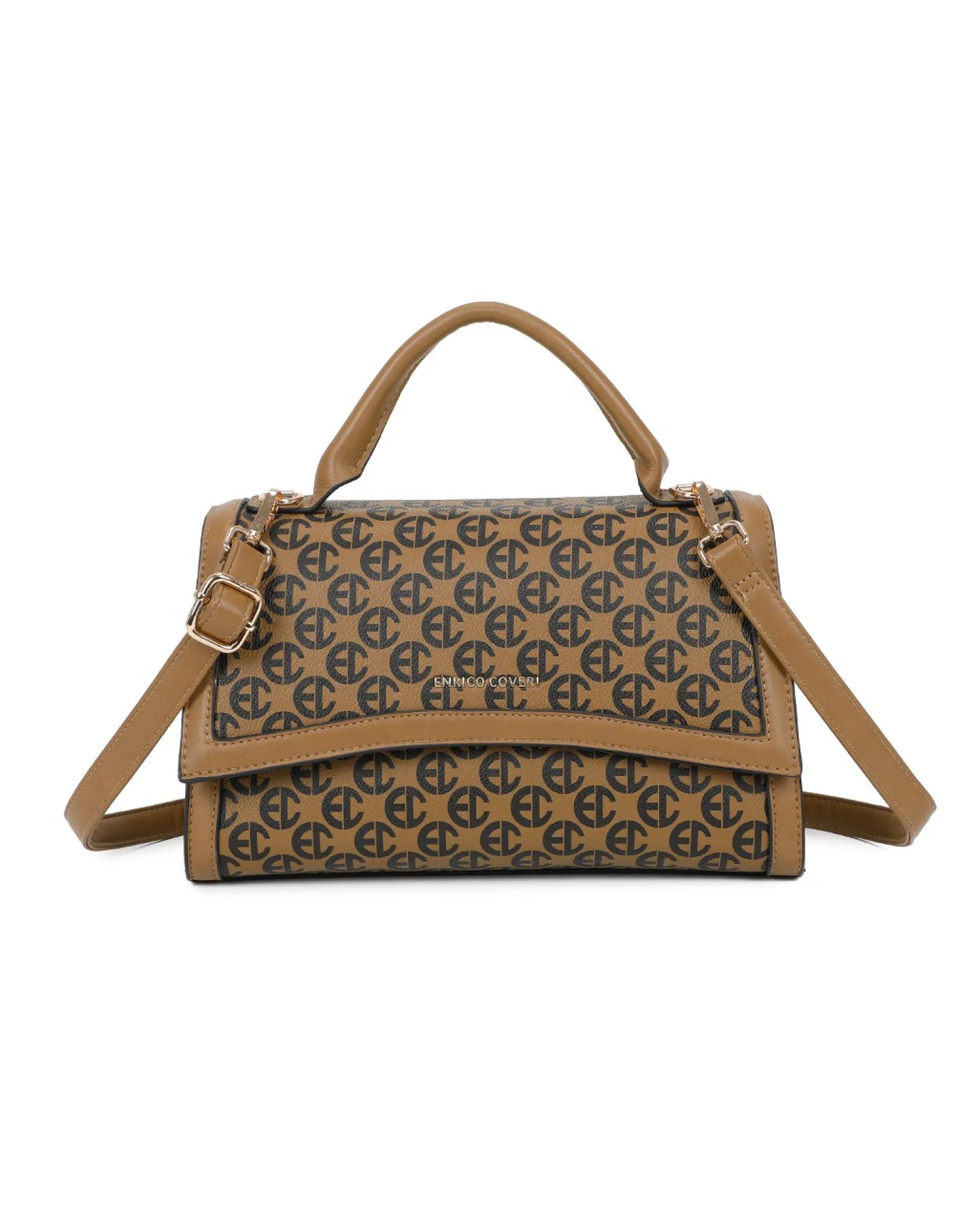 ENRICO COVERI - Borsa a mano taupe loggata con patta e tasca posteriore, tracolla removibile