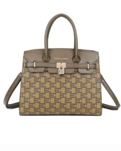 ENRICO COVERI - Borsa a mano taupe loggata con tasca posteriore e cinturino con dettaglio lucchetto, tracolla removibile