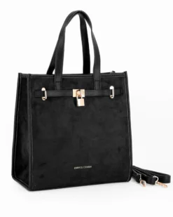 ENRICO COVERI - Borsa due manici nera scamosciata con tasca posteriore, tracolla removibile