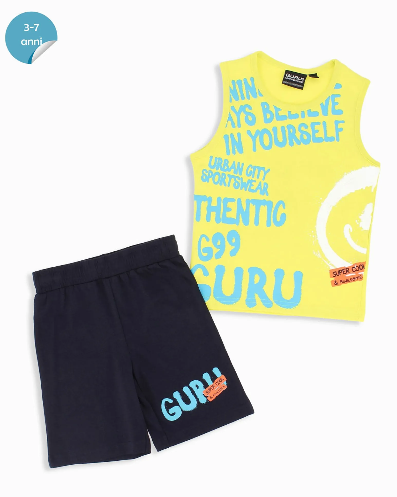 GURU - Completo smanicato bambino 3-7 anni giallo fluo in cotone
