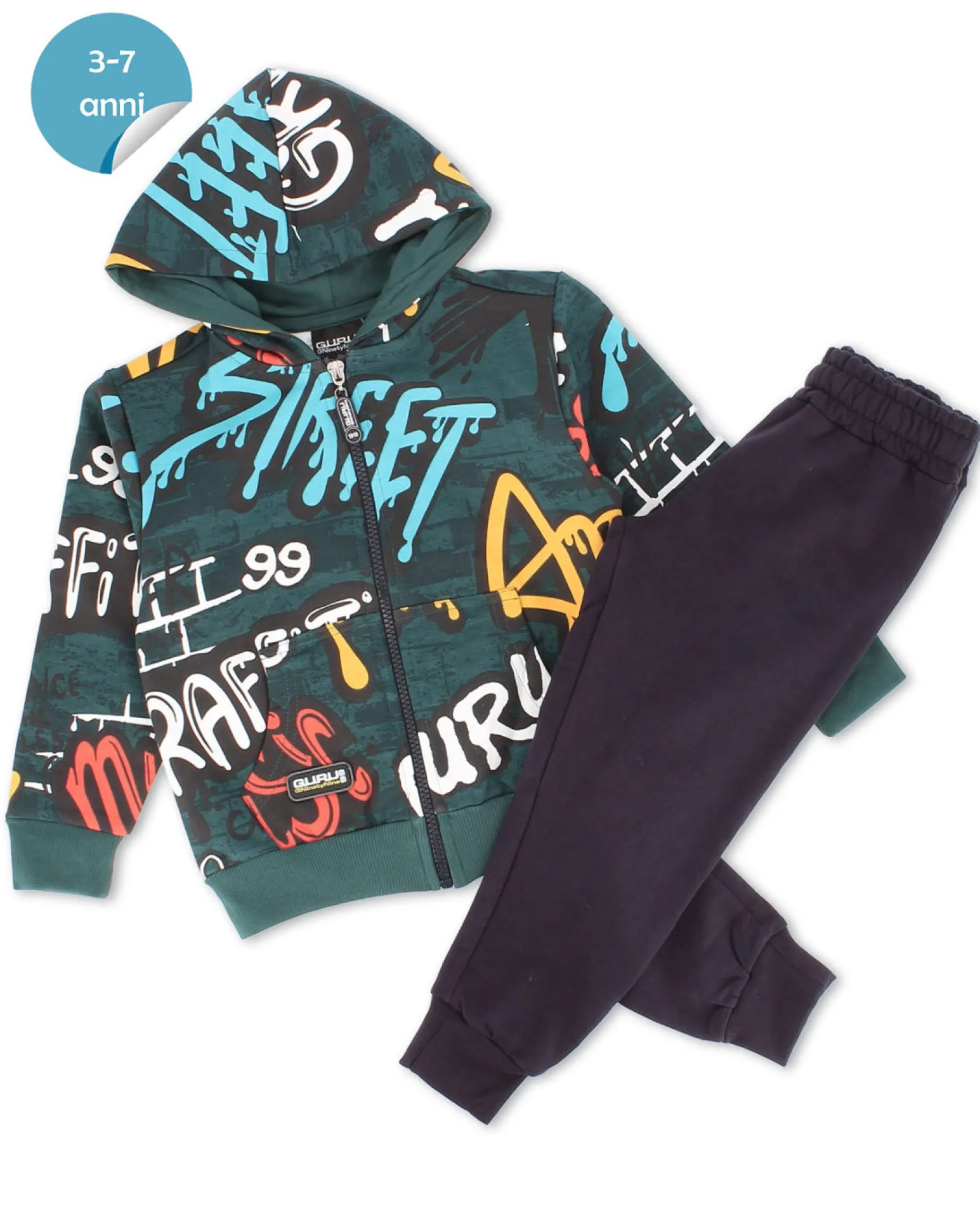 GURU - COMPLETO TUTA BAMBINO FELPA VERDE STAMPA GRAFFITI CON ZIP E CAPPUCCIO