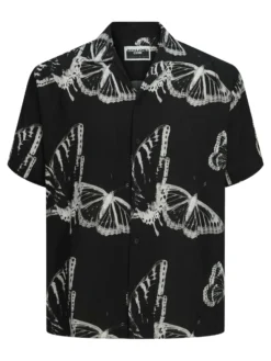 JACK&JONES CAMICIA HAWAIANA NERA DA UOMO STAMPA FARFALLE