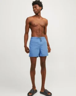JACK&JONES - Costume da bagno celeste con logo laterale e tasche