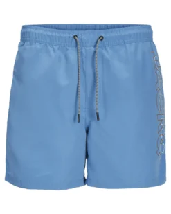 JACK&JONES - Costume da bagno celeste con logo laterale e tasche