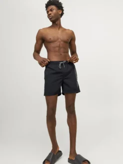 JACK&JONES - Costume da bagno nero con logo laterale e tasche