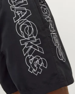 JACK&JONES - Costume da bagno nero con logo laterale e tasche