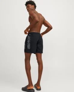 JACK&JONES - Costume da bagno nero con logo laterale e tasche