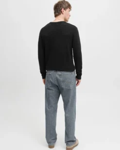 JACK&JONES - PULLOVER NERO GIROCOLLO DA UOMO A COSTINE ORIZZONTALI