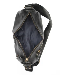 JUST GOLF - Borsa tracolla mezzaluna nera double face con tasca esterna e logo verde con borchie