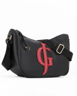 JUST GOLF - Borsa tracolla mezzaluna nera double face con tasca esterna e logo verde con borchie