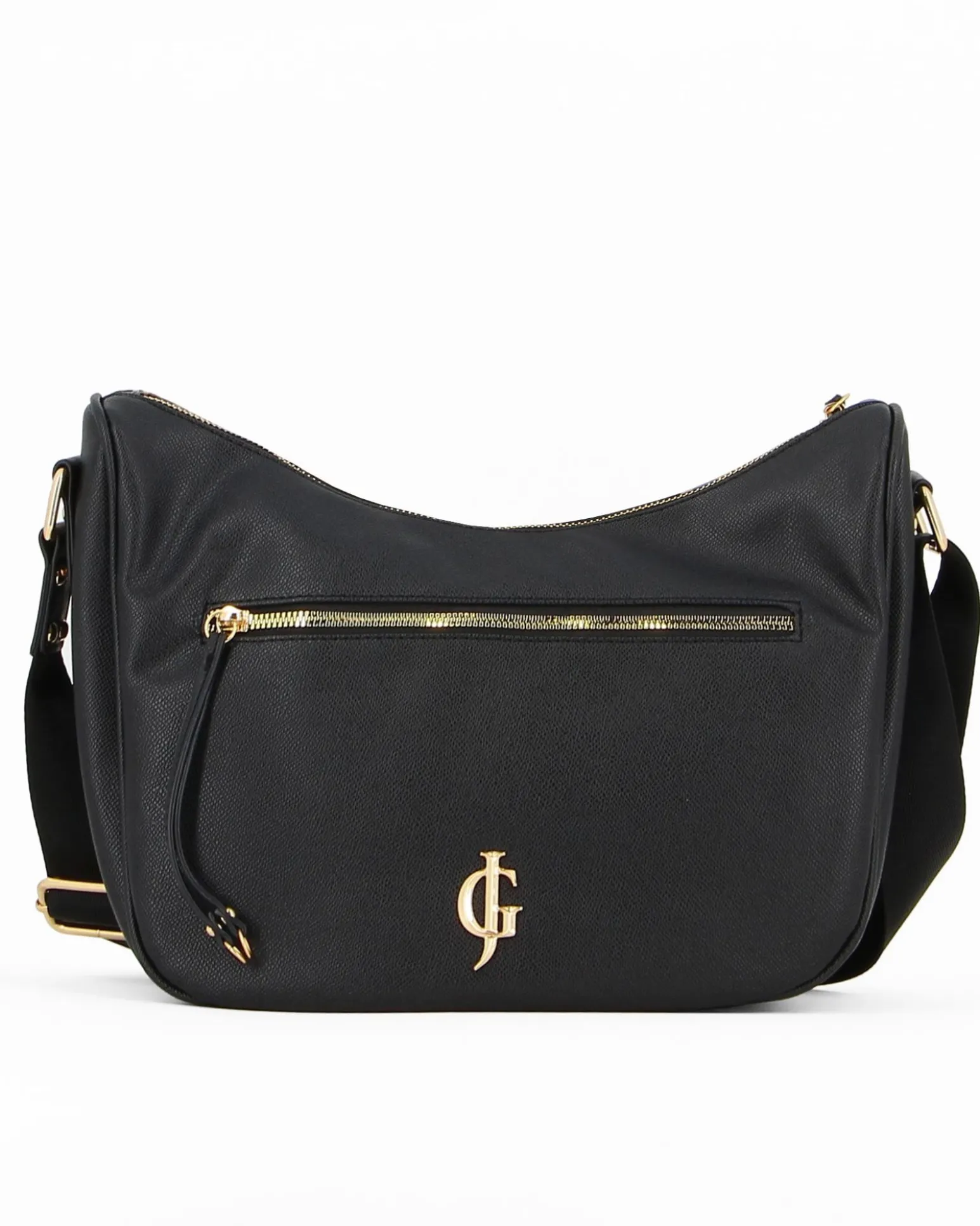 JUST GOLF - Borsa tracolla mezzaluna nera double face con tasca esterna e logo verde con borchie