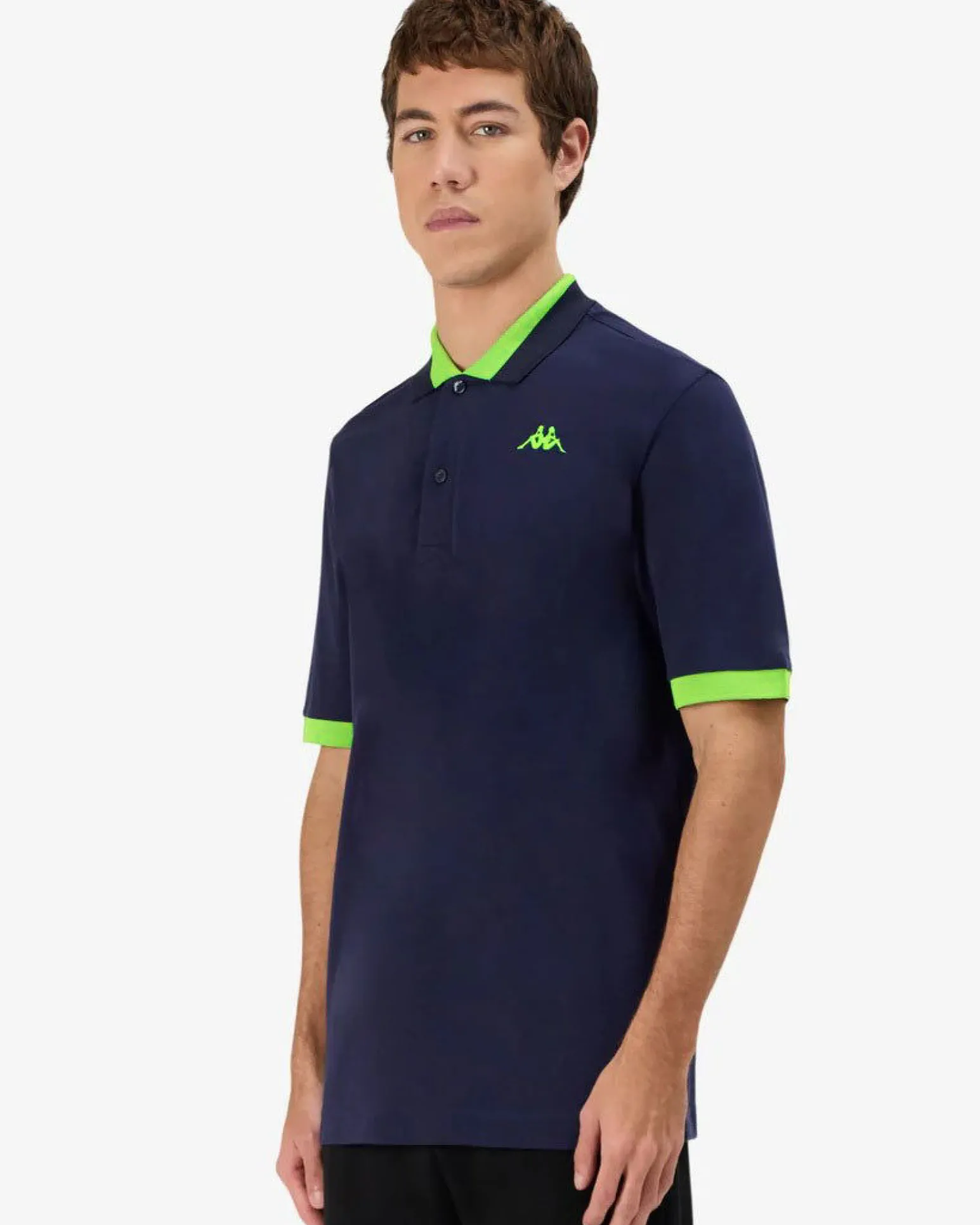 KAPPA - POLO MEZZA MANICA UOMO LOGO NEON BLU CON DETTAGLI VERDE FLUO, 341N22W-A07