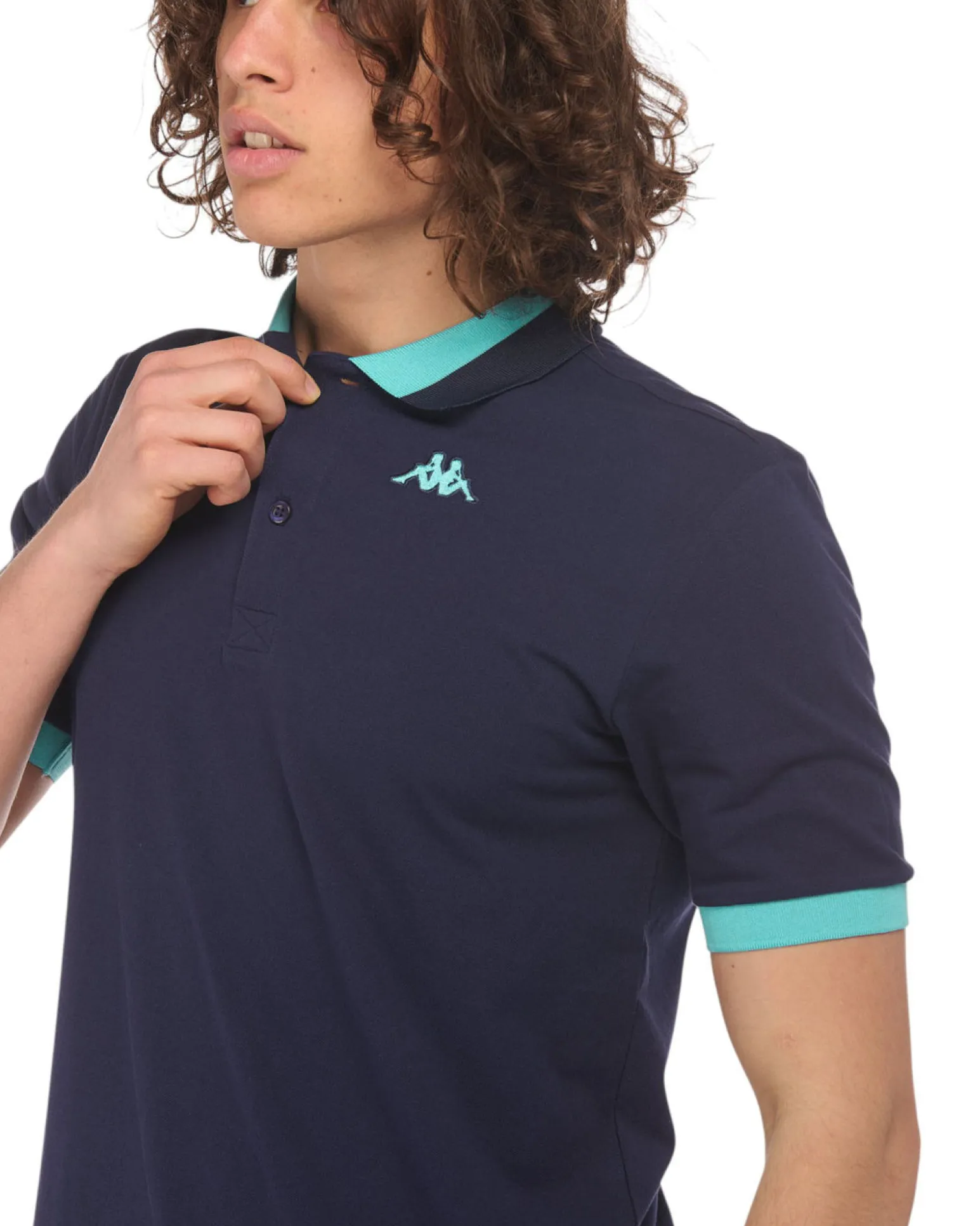 KAPPA - POLO MEZZA MANICA UOMO LOGO NEON BLU CON DETTAGLI CELESTI , 341N22W-A0E