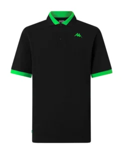 KAPPA - POLO MEZZA MANICA UOMO LOGO NEON NERA CON DETTAGLI VERDE FLUO , 341N22W-A19