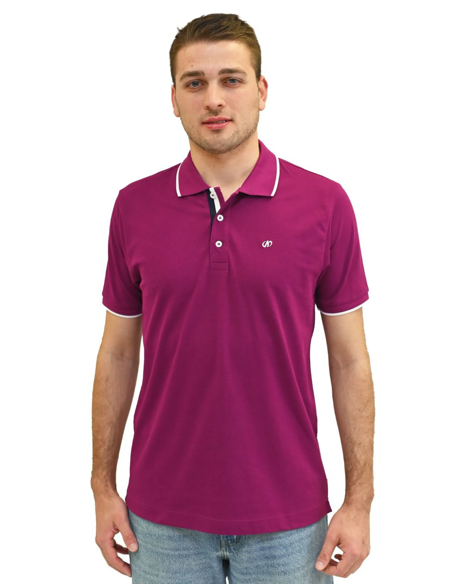 KEY UP - POLO MEZZA MANICA UOMO IN PIQUET FUXIA CON RIGHINO BIANCO - 2Q711/5580