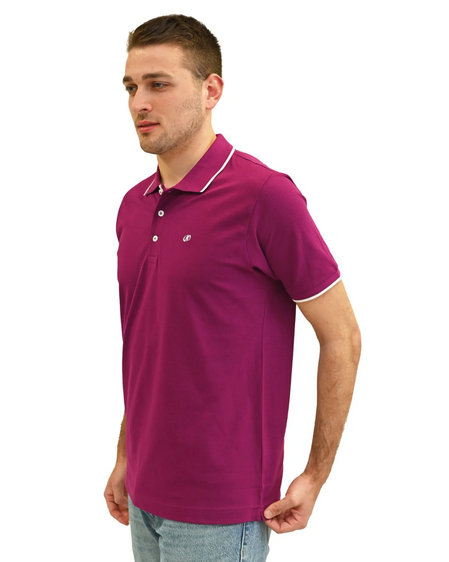 KEY UP - POLO MEZZA MANICA UOMO IN PIQUET FUXIA CON RIGHINO BIANCO - 2Q711/5580