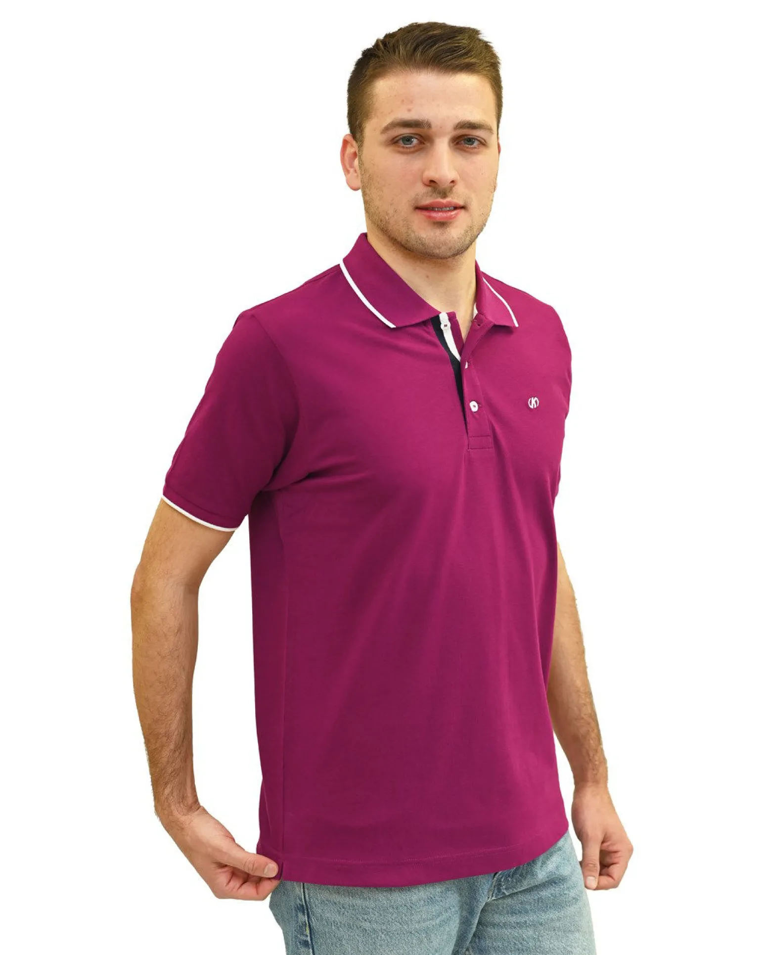 KEY UP - POLO MEZZA MANICA UOMO IN PIQUET FUXIA CON RIGHINO BIANCO - 2Q711/5580