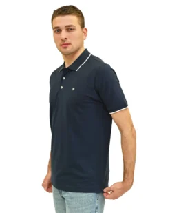 KEY UP - POLO MEZZA MANICA UOMO IN PIQUET BLU SCURO  CON RIGHINO BIANCO - 2Q711/1245