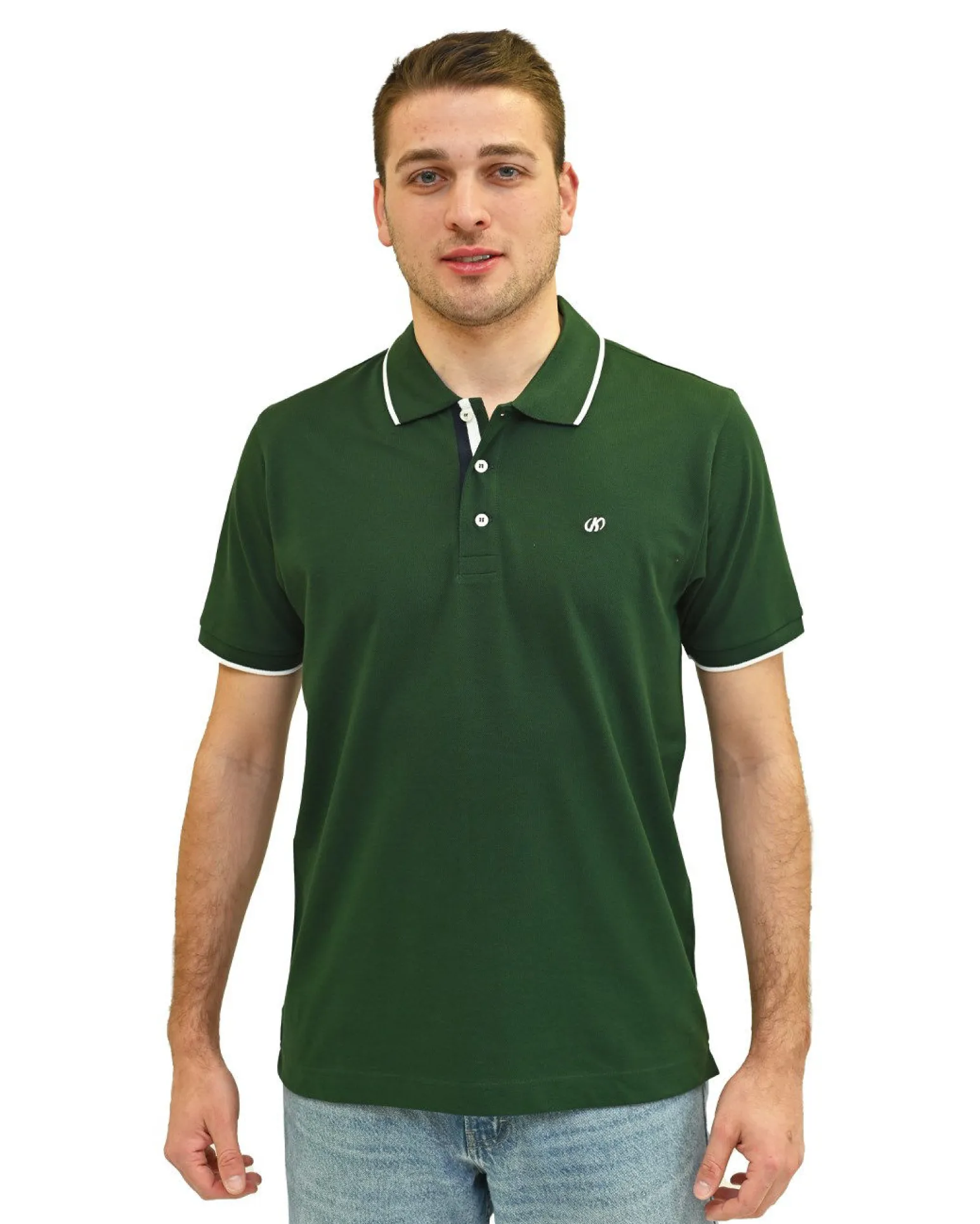 KEY UP - POLO MEZZA MANICA UOMO IN PIQUET VERDE CON RIGHINO BIANCO - 2Q711/2428