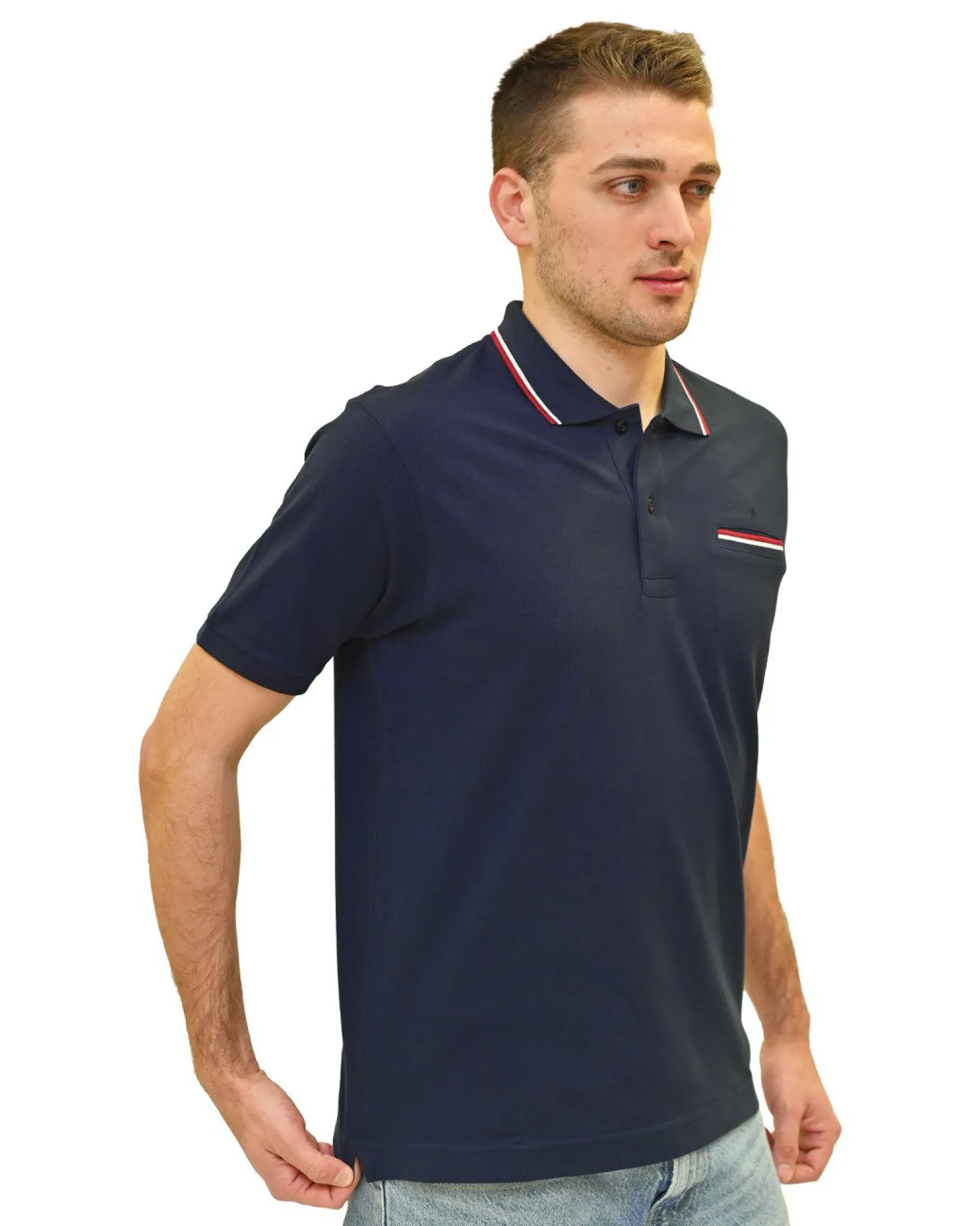 KEY UP - POLO MEZZA MANICA UOMO IN PIQUET BLU MEZZA ZIP CON TASCHINO - 2Q515/1245