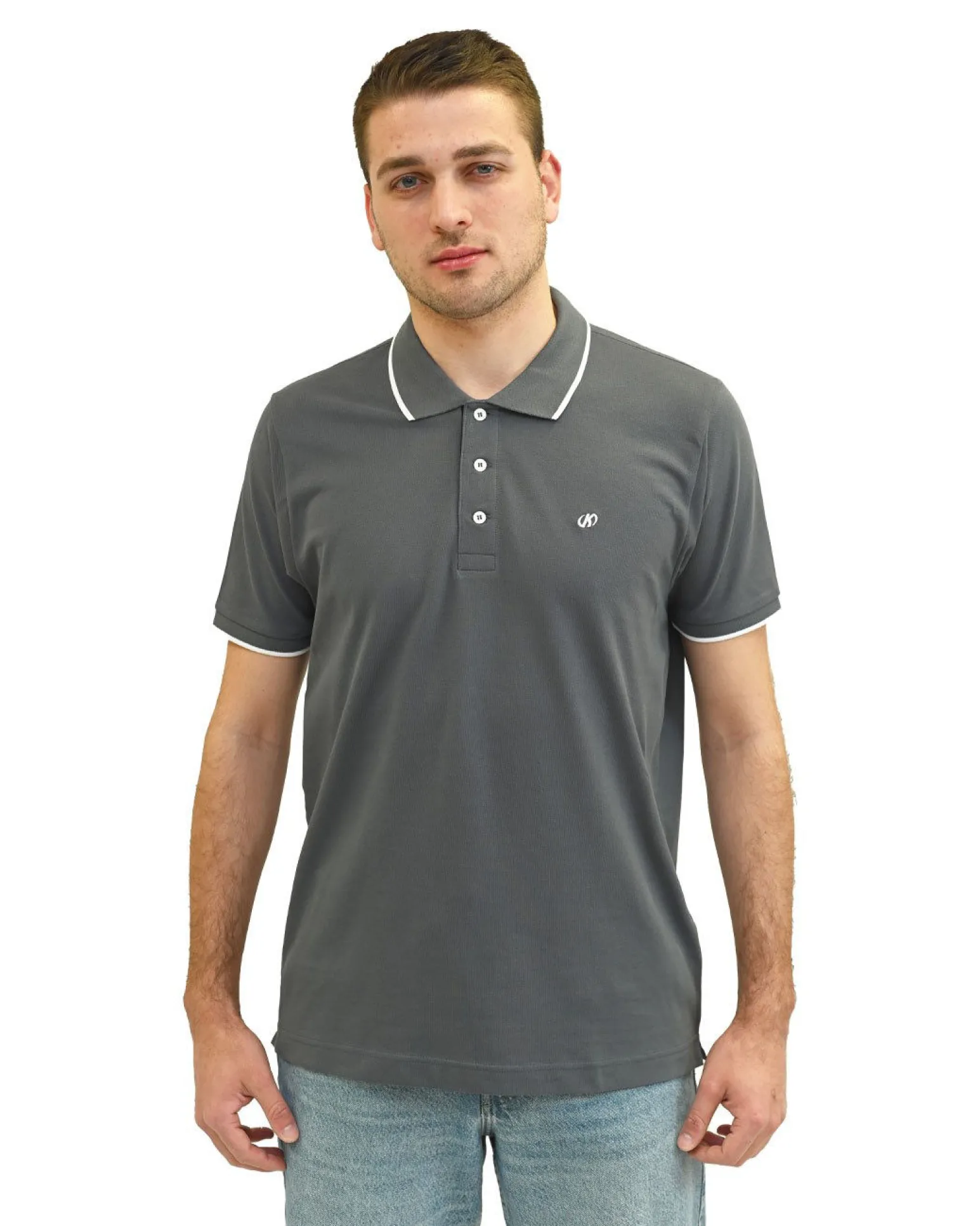 KEY UP - POLO MEZZA MANICA UOMO IN PIQUET GRIGIA CON RIGHINO BIANCO - 2Q711/0416