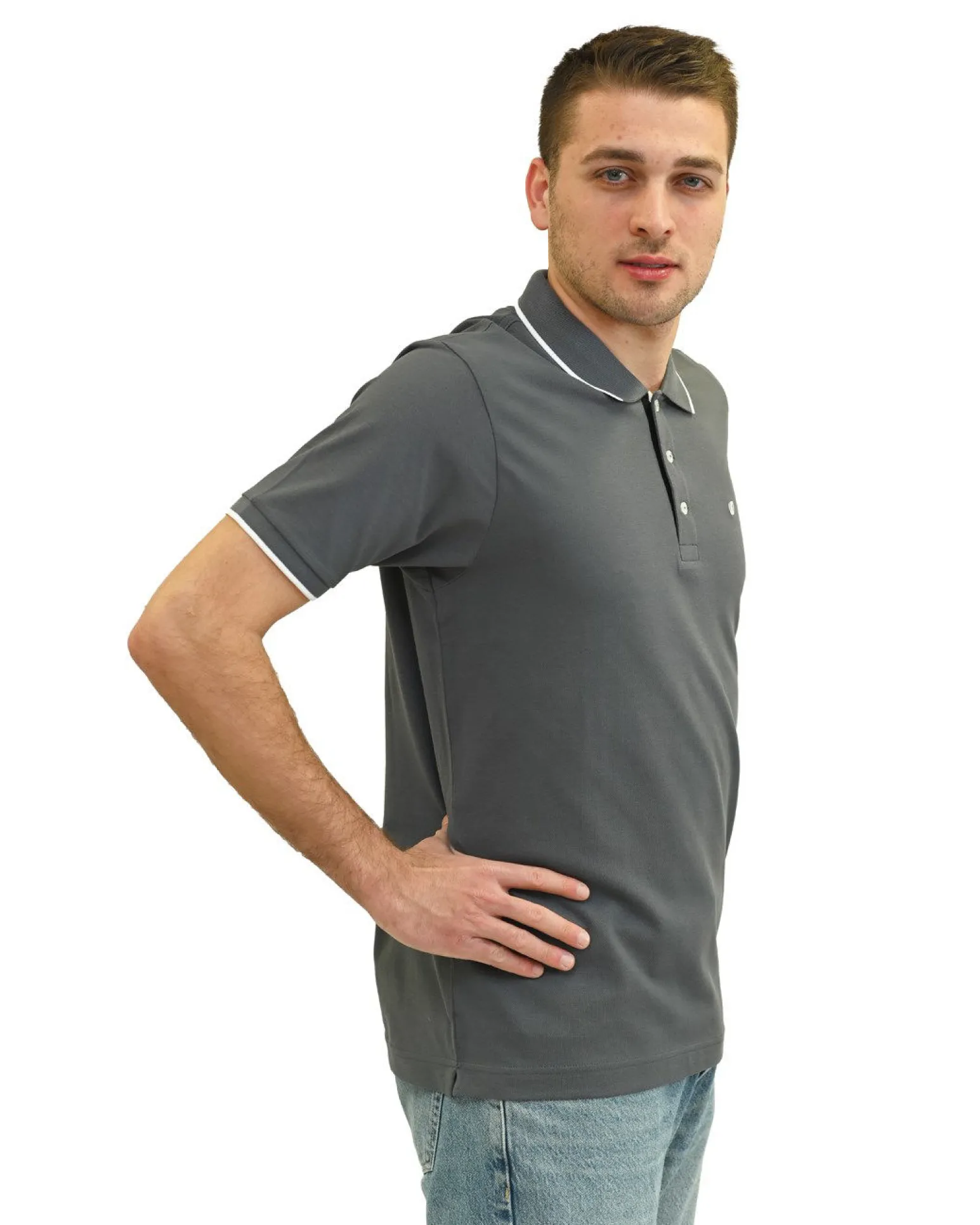 KEY UP - POLO MEZZA MANICA UOMO IN PIQUET GRIGIA CON RIGHINO BIANCO - 2Q711/0416
