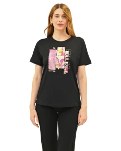 KEY UP - T-SHIRT MEZZA MANICA DONNA NERA CON STAMPA FRONTALE- 5S883/0002