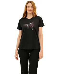 KEY UP - T-SHIRT MEZZA MANICA DONNA NERA CON STAMPA FRONTALE - 5S896/0002