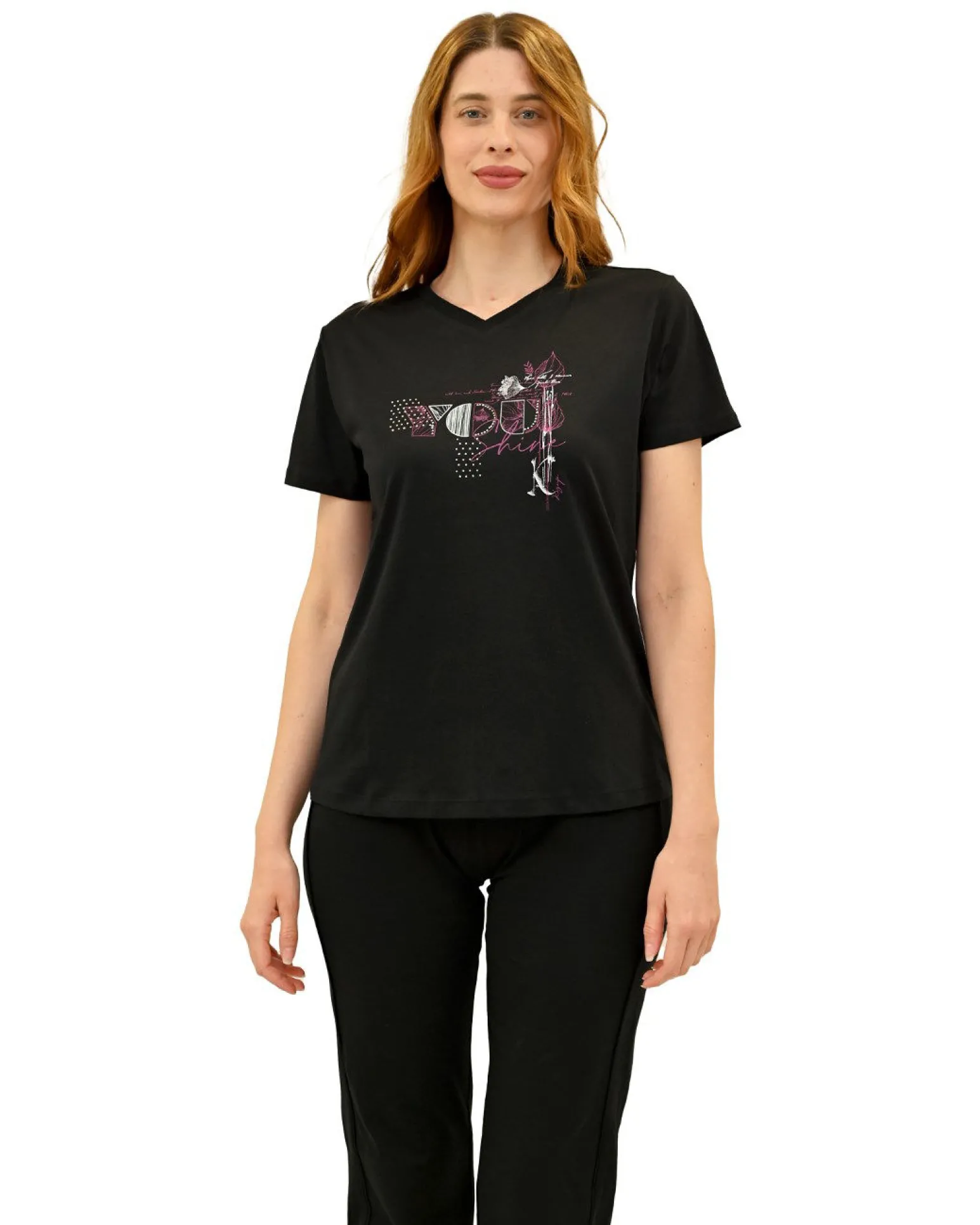 KEY UP - T-SHIRT MEZZA MANICA DONNA NERA CON STAMPA FRONTALE - 5S896/0002