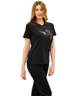 KEY UP - T-SHIRT MEZZA MANICA DONNA NERA CON STAMPA FRONTALE - 5S896/0002
