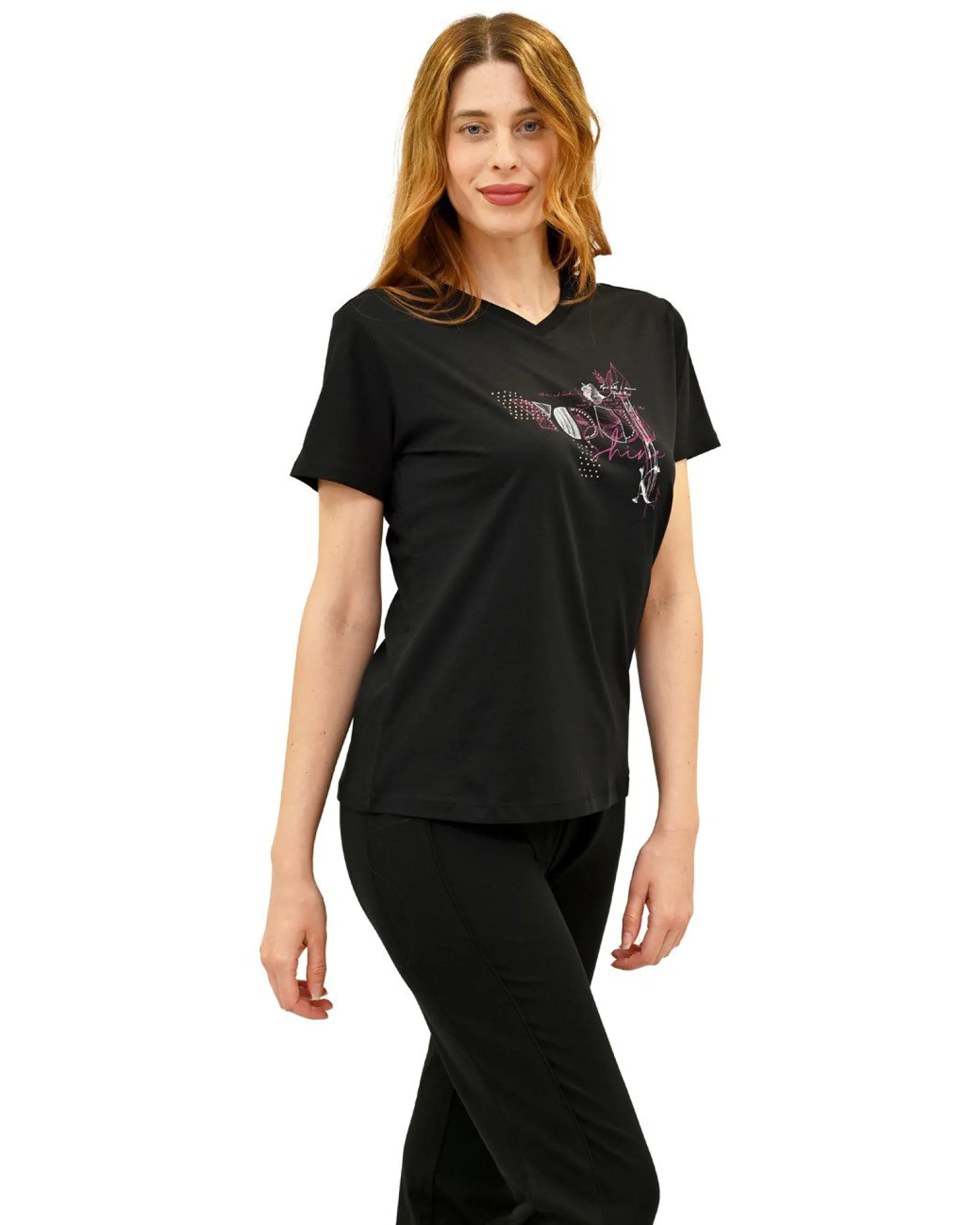 KEY UP - T-SHIRT MEZZA MANICA DONNA NERA CON STAMPA FRONTALE - 5S896/0002