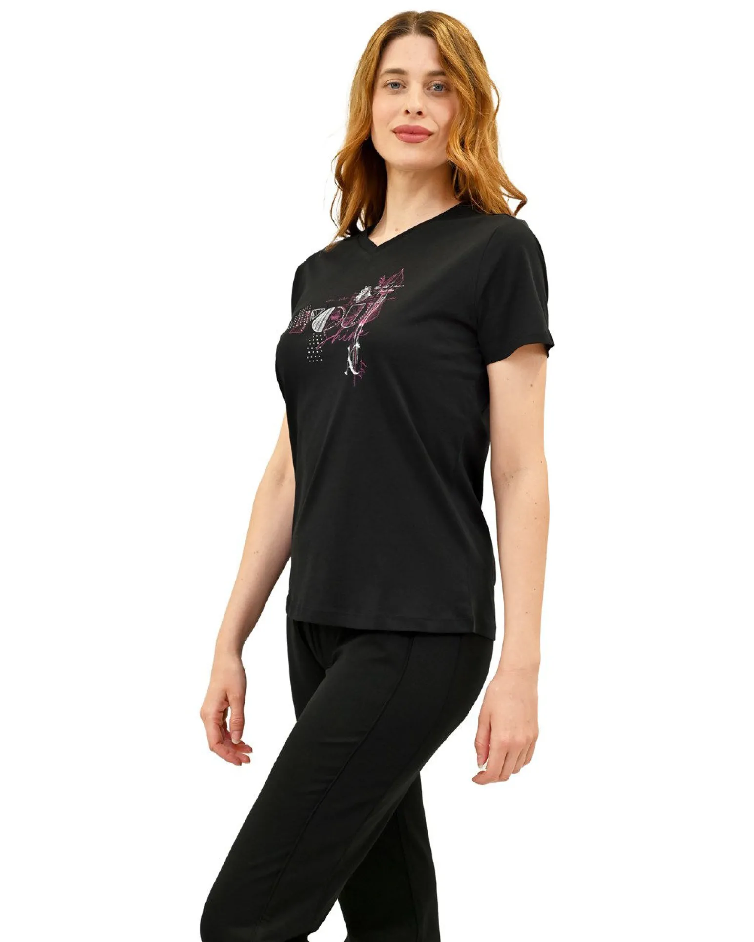 KEY UP - T-SHIRT MEZZA MANICA DONNA NERA CON STAMPA FRONTALE - 5S896/0002