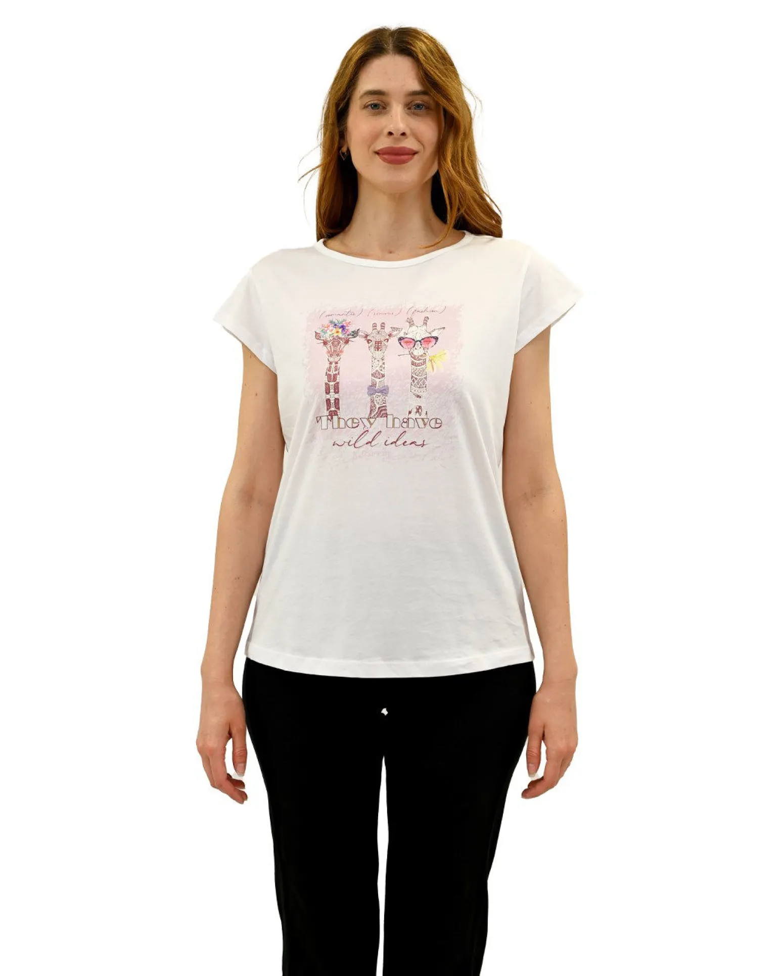 KEY UP - T-SHIRT MEZZA MANICA DONNA BIANCA CON STAMPA FRONTALE- 5S886/0001