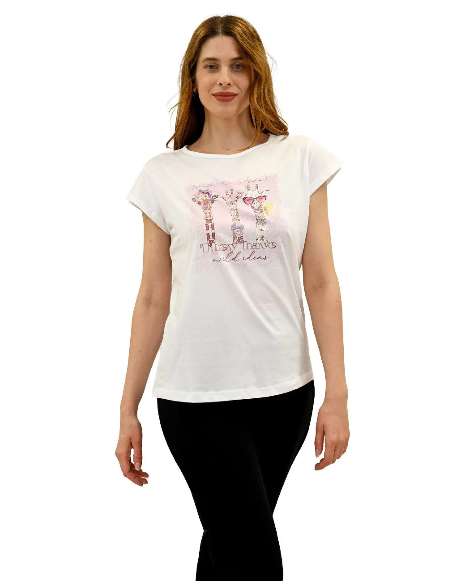 KEY UP - T-SHIRT MEZZA MANICA DONNA BIANCA CON STAMPA FRONTALE- 5S886/0001