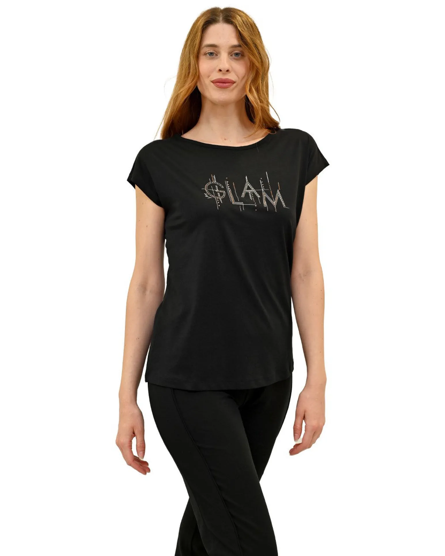 KEY UP - T-SHIRT MEZZA MANICA DONNA NERA GLAM - 5S894/0002