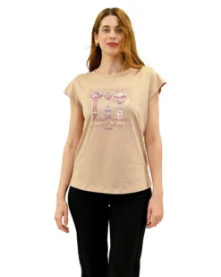 KEY UP - T-SHIRT MEZZA MANICA DONNA BEIGE CON STAMPA FRONTALE-  5S886/3468
