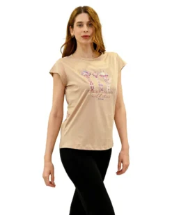 KEY UP - T-SHIRT MEZZA MANICA DONNA BEIGE CON STAMPA FRONTALE-  5S886/3468