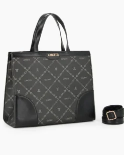 LANCETTI - Borsa due manici nera loggata, tracolla removibile