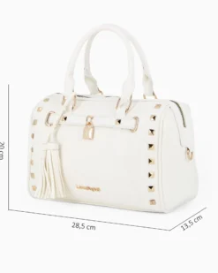 LAURA BIAGIOTTI - Bauletto bianco con borchie, pennacchi con frange e cinturino con lucchetto, tracolla removibile