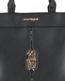 LAURA BIAGIOTTI - Borsa a due manici nera con logo frontale, tracolla removibile