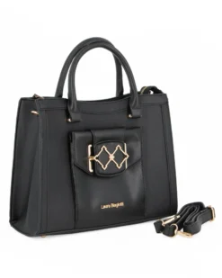 LAURA BIAGIOTTI - Borsa a due manici nera con  tasca frontale con patta, tracolla removibile