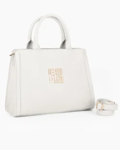 LAURA BIAGIOTTI - Borsa a mano bianca con parte frontale loggata, tracolla removibile
