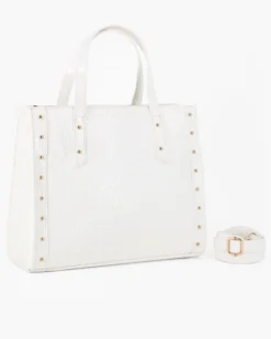 LAURA BIAGIOTTI - Borsa a mano bianca con lettere in rilievo e borchie, tracolla removibile