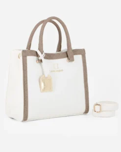 LAURA BIAGIOTTI - Borsa a mano bianca con ciondolo metallico loggato, tracolla removibile