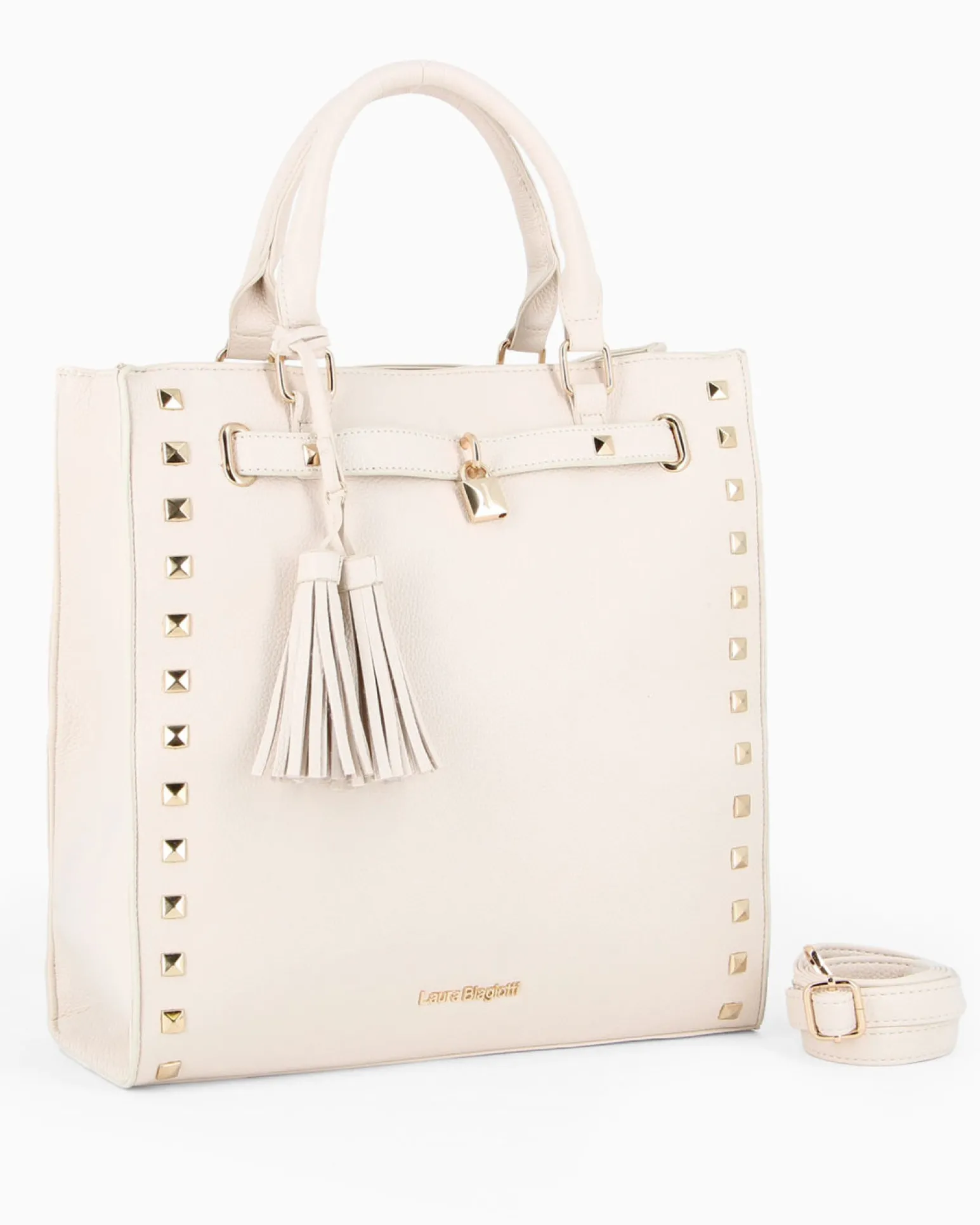 LAURA BIAGIOTTI - Borsa due manici naturale con borchie, pennacchi con frange e cinturino con lucchetto, tracolla removibile