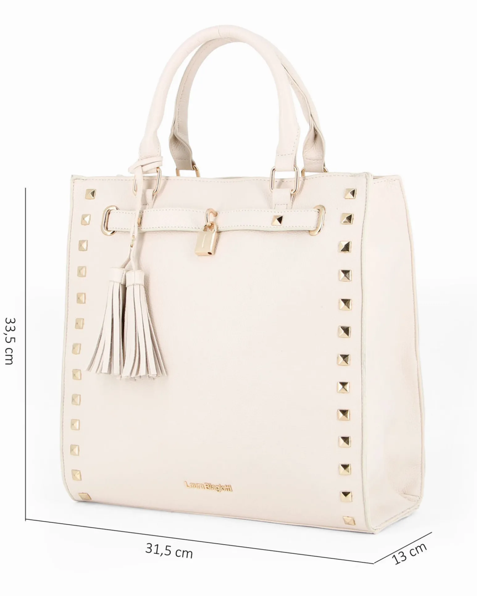 LAURA BIAGIOTTI - Borsa due manici naturale con borchie, pennacchi con frange e cinturino con lucchetto, tracolla removibile