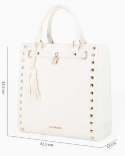 LAURA BIAGIOTTI - Borsa due manici bianca con borchie, pennacchi con frange e cinturino con lucchetto, tracolla removibile
