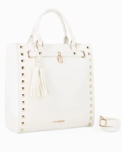 LAURA BIAGIOTTI - Borsa due manici bianca con borchie, pennacchi con frange e cinturino con lucchetto, tracolla removibile